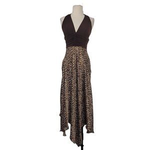 Vtg 90s Y2K La Belle Leopard Print Halter Midi Dress Sz 5/XS Brown‎ Tan Satin